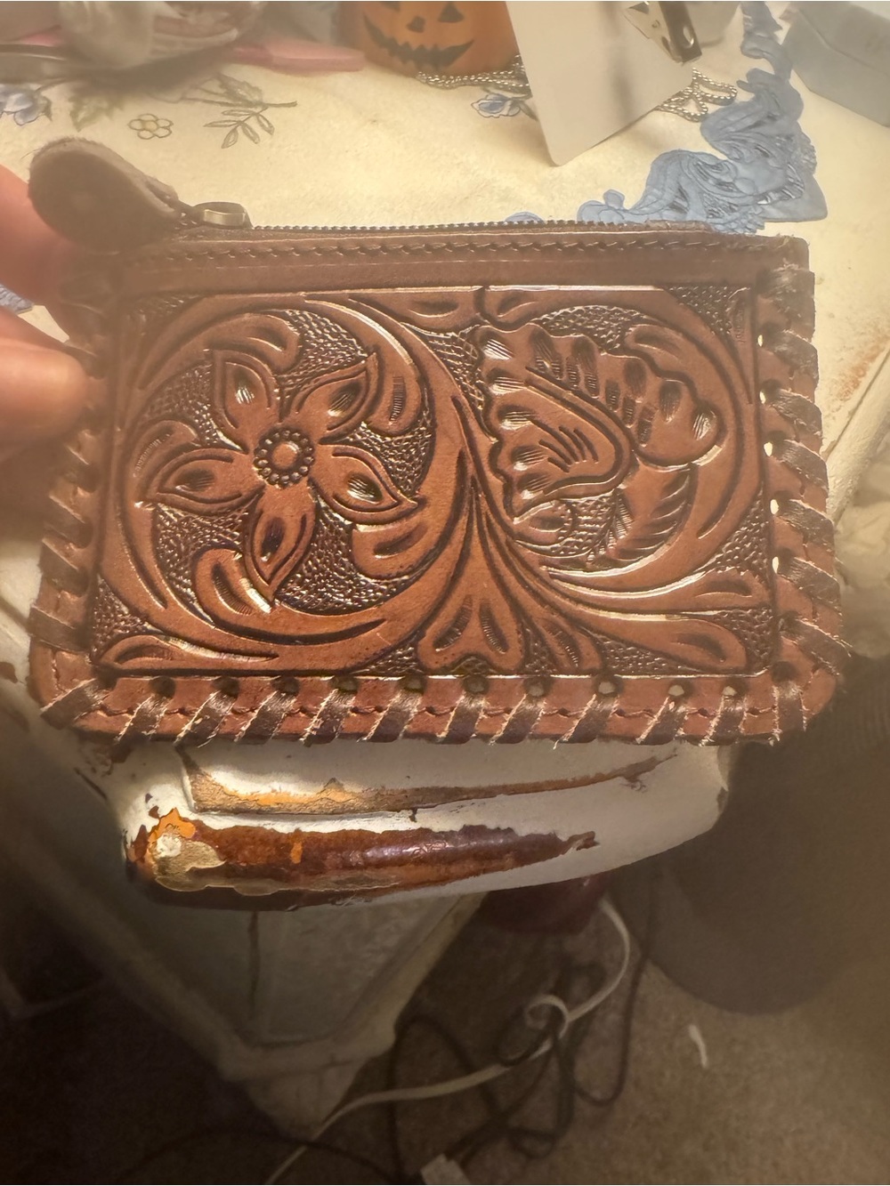 Leather Tooled Floral Zip Card Holder - Brown